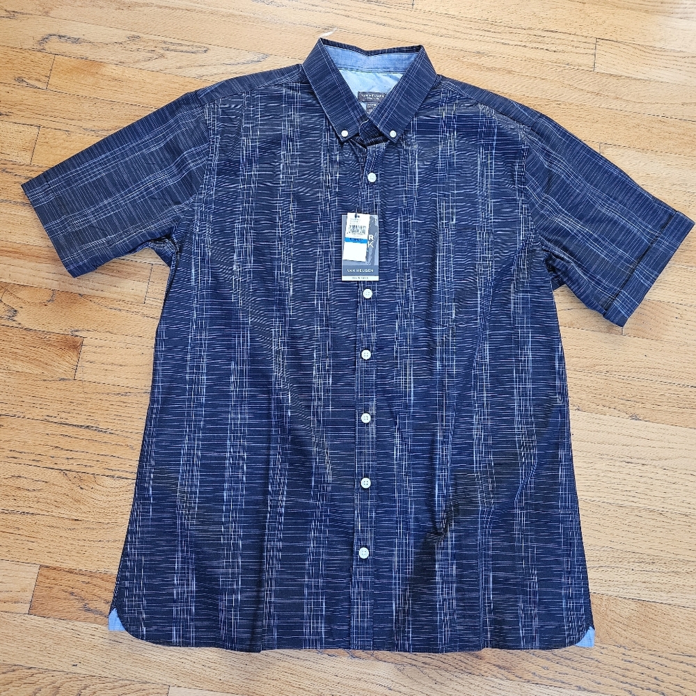 New Van Heusen Never Tuck Short Sleeve Button Down Shirt Blue Mens Size XL Tall